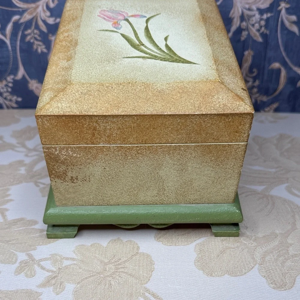 Vintage Painted Wood Jewelry Box Trinket Box Chest with Pale Pink Flowers